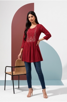 Rayon Printed Maroon Frock Kurti with Dupatta KTI2768