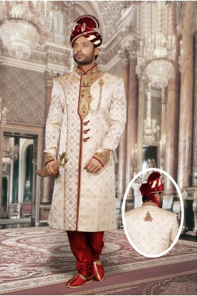 Beige Jackard With Hand Work Ethnic Wear Designer Ready-Made Sherwani shr00046