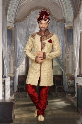 Beige Heavy Jackard Ethnic Wear Designer Ready-Made Sherwani SHR00070
