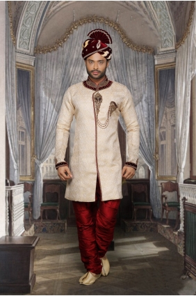 Beige Jackard Ethnic Wear Designer Ready-Made Sherwani shr00077