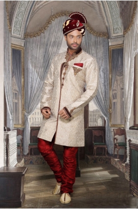 Beige Imported Fabric Ethnic Wear Designer Ready-Made Sherwani SHR00078