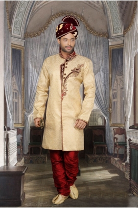 Beige Jari Tanchui Ethnic Wear Designer Ready-Made Sherwani SHR00083