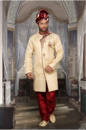 Beige Tanchui Brocked Readymade Sherwani SHR00084