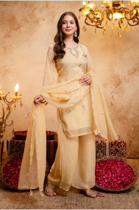 Yellow Embroidered Tissue Palazzo Suit PZ4554