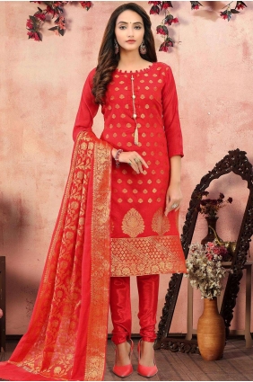 Red Banarsi jacquard Churidar Suit SK13549