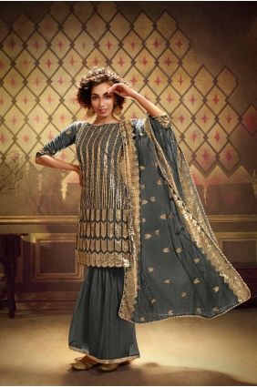 Grey Soft net Eid Sharara Suit SS0398