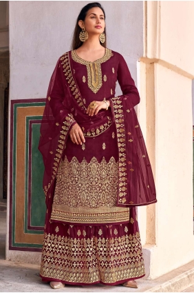 Jacquard Maroon Palazzo Suit in Embroidered PZ2501