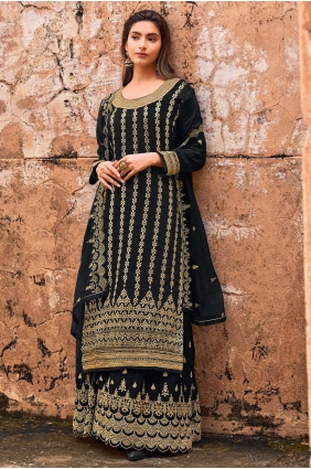Black Palazzo Suit in Embroidered Jacquard PZ2503