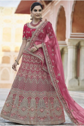 Wedding Lehenga Choli in Pink Velvet with Heavy Embroidery With Hand Work LC4352