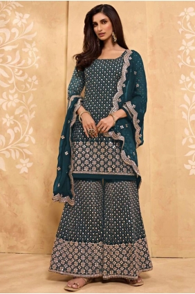 Faux Georgette Sharara Suit in Rama with Heavy Designer Embroidery Work SS0597