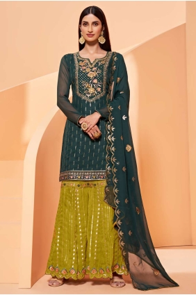 Georgette Embroidered Eid Sharara Suit in Green SS0712