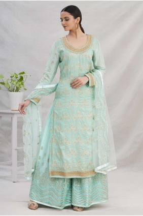 Blue Islamic Palazzo Suit in Jacquard with Embroidered PZ3133