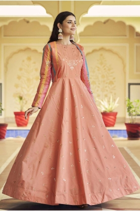 Peach Cotton Embroidered Gown Dress with Dupatta GW0394