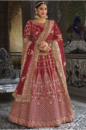 Embroidered Maroon Velvet Bridal Lehenga Choli with Dupatta LC5984