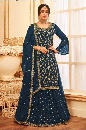 Embroidered Pakistani Suit in Teal blue Georgette SS0897