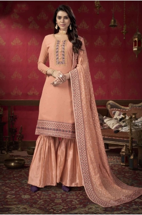 Peach Faux georgette Pakistani Suit with Embroidered SS0933