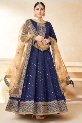 Taffeta Blue Anarkali Suit in Embroidered AS3379