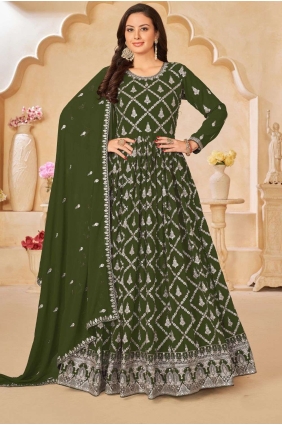 Faux georgette Mahendi green Anarkali Suit in Embroidered AS3784