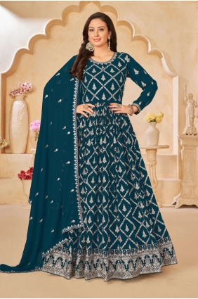 Anarkali Suit in Teal blue Faux georgette with Embroidered AS3786