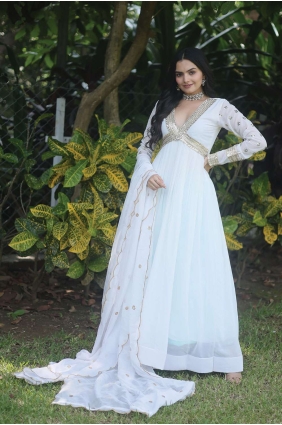 Faux georgette White Gown Dress in Embroidered GW0748