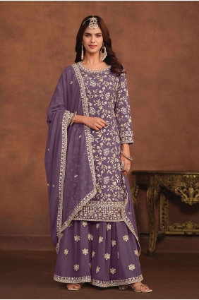 Embroidered Palazzo Suit in Purple Faux georgette PZ3906