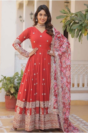 Sequins Gown Dress in Orange Faux georgette GW0752