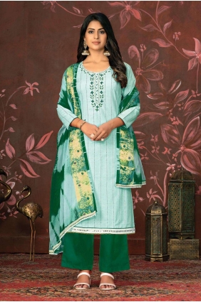 Cotton Palazzo Suit in Sea green with Hand PZ3915