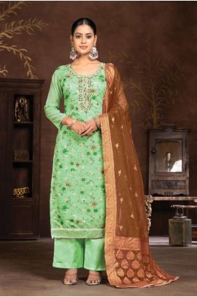 Printed Palazzo Suit in Green Art silk PZ3925