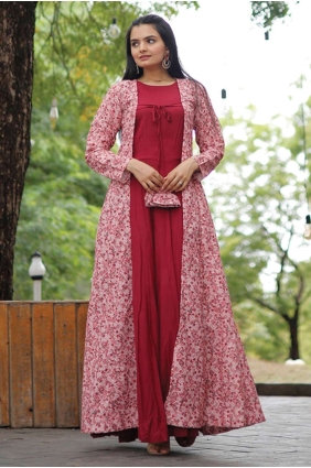 Maroon Rayon Embroidered Gown Dress with Dupatta GW0769