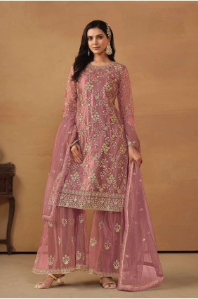 Net Straight Pant Suit with Embroidered in Pink PZ3935