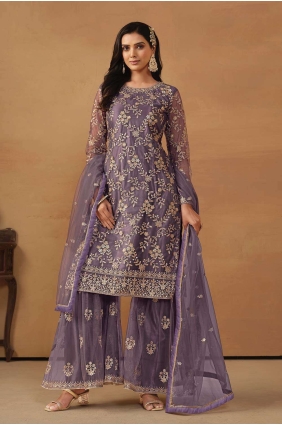 Embroidered Straight Pant Suit in Purple Net PZ3937