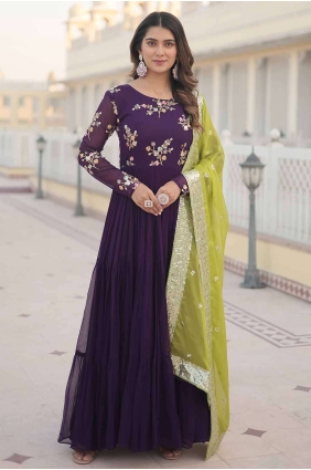 Embroidered Faux georgette Purple Gown with Dupatta GW0864