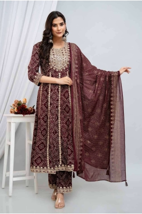 Wine Rayon Anarkali Suit in Printed AS3908