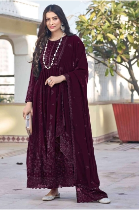 Anarkali Wine Suit in Embroidered Georgette AS3914