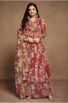 Embroidered Chiffon Anarkali Suit in Brown with Dupatta AS3930