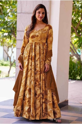 Printed Rayon Gown Dress in Brown with Dupatta GW0914