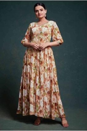 Anarkali Suit in Cream Organza with Embroidered AS3953
