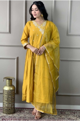 Embroidered Viscose Straight Pant Suit in Mustard with Dupatta SK154549