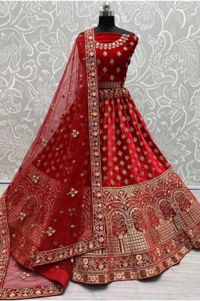 Velvet Red Lehenga Choli in Embroidered LC7948