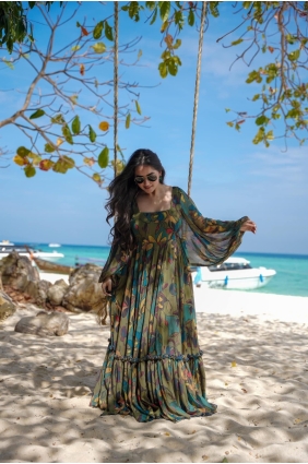 Multicolor Chiffon Printed Gown Dress with Dupatta GW0947