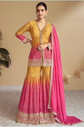 Embroidered Chiffon Palazzo Suit in Yellow with Dupatta PZ4076