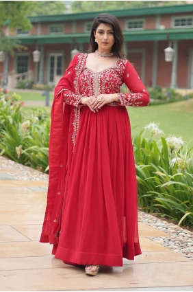 Red Gown Dress in Embroidered Faux georgette GW1010-1