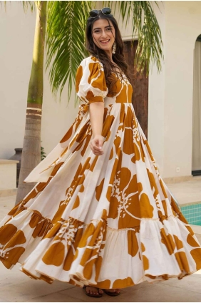 Digital print Rayon Mustard Gown Dress with Dupatta GW1038