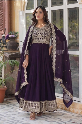 Faux georgette Embroidered Wine Gown Dress with Dupatta GW1044
