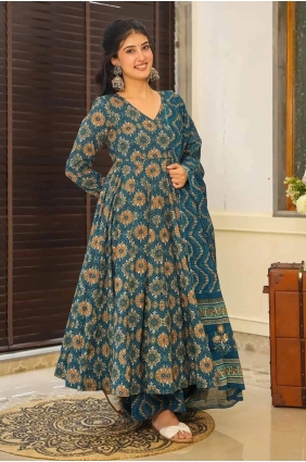 Eid Anarkali Suit in Blue Muslin with Digital print AS4015