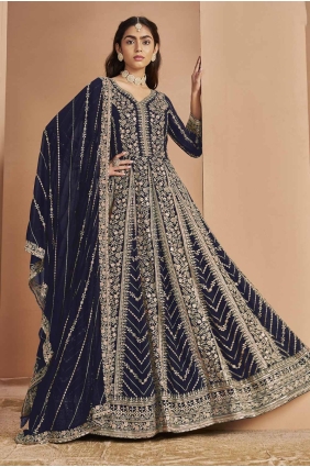 Embroidered Faux georgette Eid Anarkali Suit in Blue with Dupatta AS4025