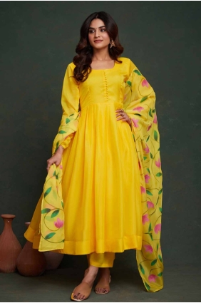 Eid Anarkali Suit in Yellow Organza with Printed AS4028