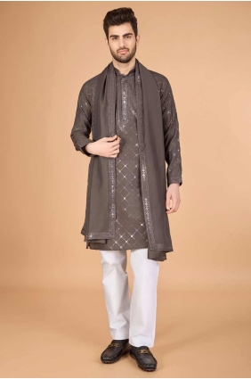 Viscose Grey Men Kurta in Embroidered KURR449