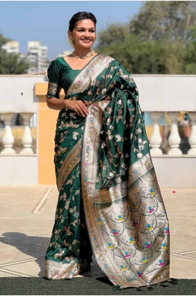 Green Embroidered Saree in Banarasi silk SR28561