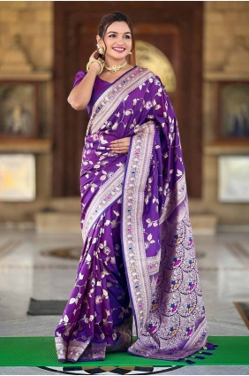 Banarasi silk Embroidered Purple Saree with Blouse SR28568
